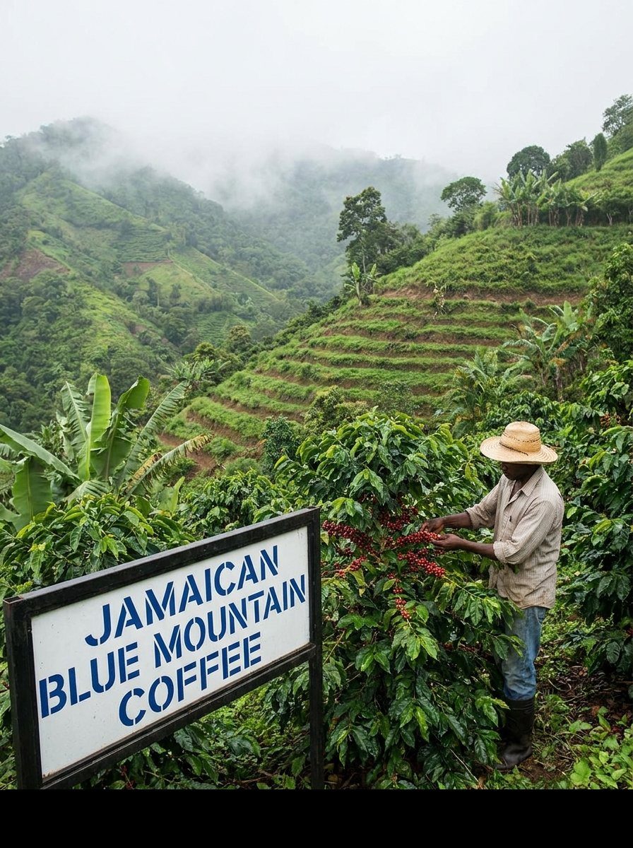 Farmer picking coffee cherries beside a Jamaican Blue Mountain Coffee sign, terraced valley below